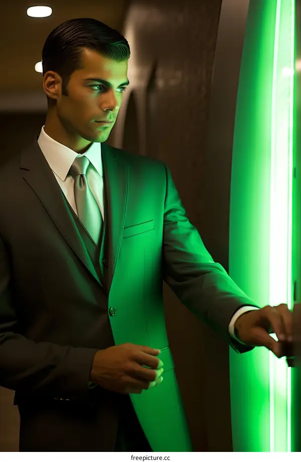 man in suit opening green door