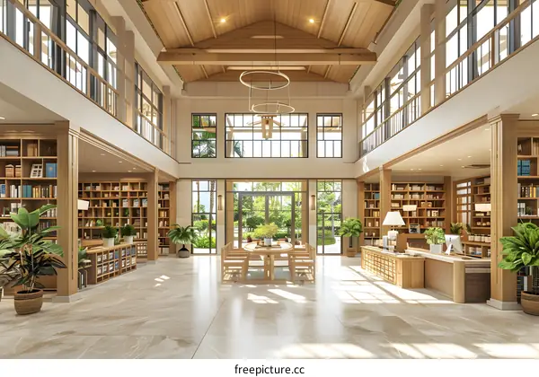 敞亮典雅的现代图书馆内部