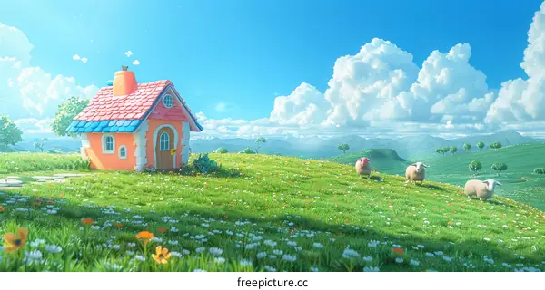 Cartoon house on a green hill with sheep