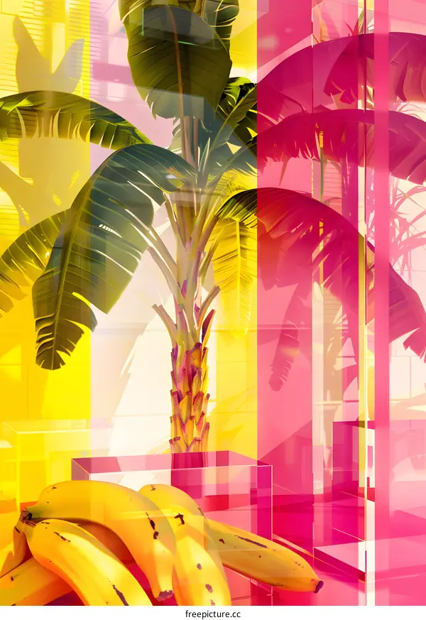 Banana Palm Minimalist Illustration With Geometric Shapes And Vibrant Colors