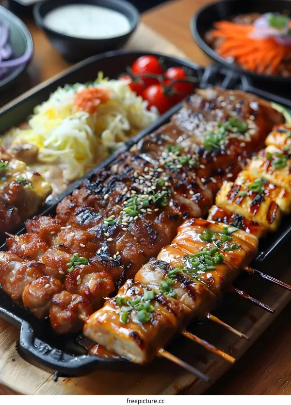 A variety of grilled meats and vegetables on a hot plate