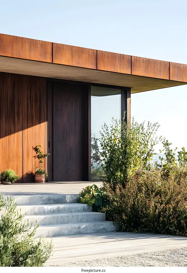 Modern Home Exterior With Rusted Metal Roof and Wooden Door