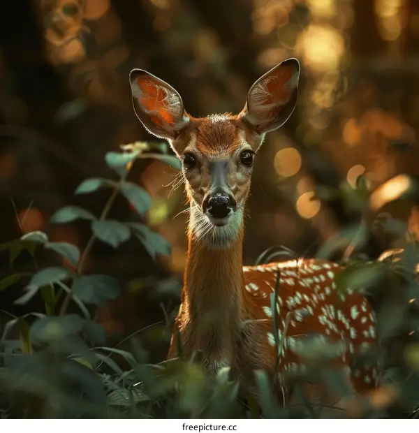 A cute deer is hiding in the bushes and looking at the camera