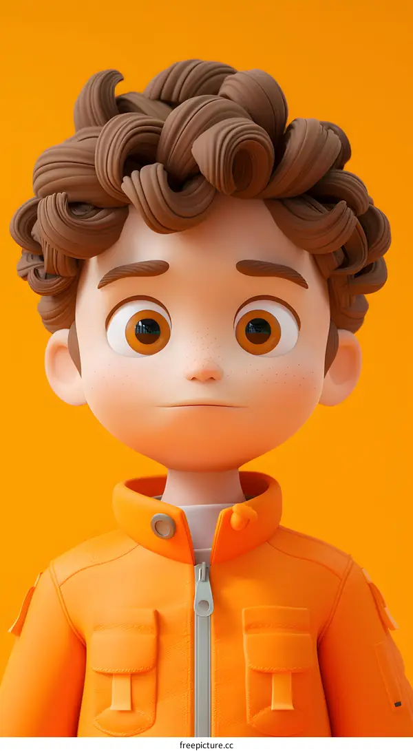 Cartoon Boy with Curly Hair Wearing an Orange Jacket