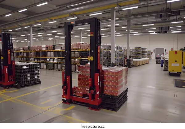Warehouse Interior With Forklifts and Pallets Of Goods