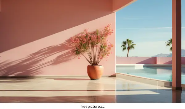 Pink wall with potted plant in front of swimming pool