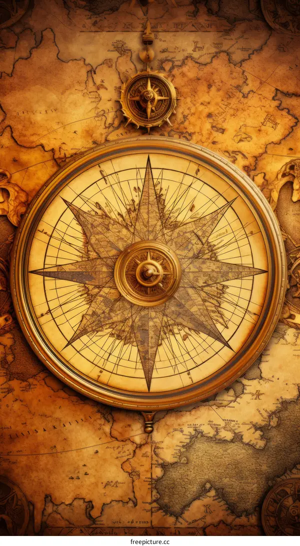 A golden compass with a detailed world map background