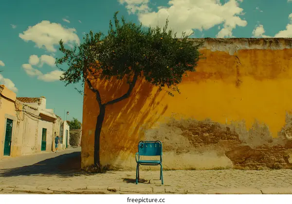 Blue Chair Against Yellow Wall and Tree in Portugal