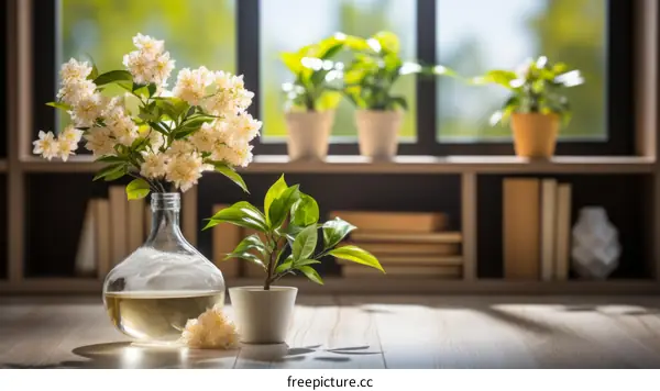 Sunlit Still Life: Vase of Flowers and Potted Plant on a Wooden Table