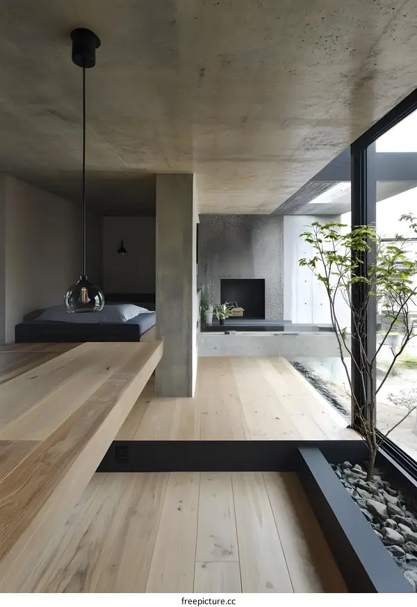 Modern Minimalist Home Interior Design with Concrete and Wood