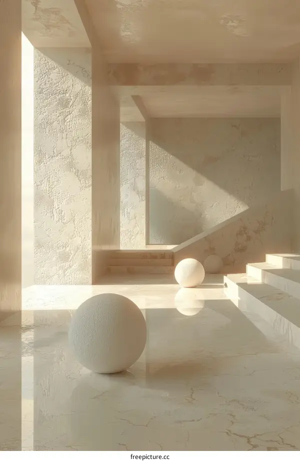 3D rendering of an empty room with a large sphere