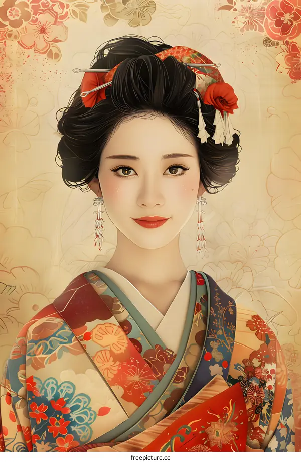 An illustration of a Japanese woman in traditional clothing