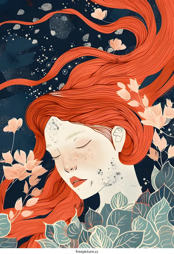 Red Haired Woman Surrounded by Flowers