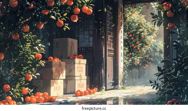 Anime house amidst orange trees and crates