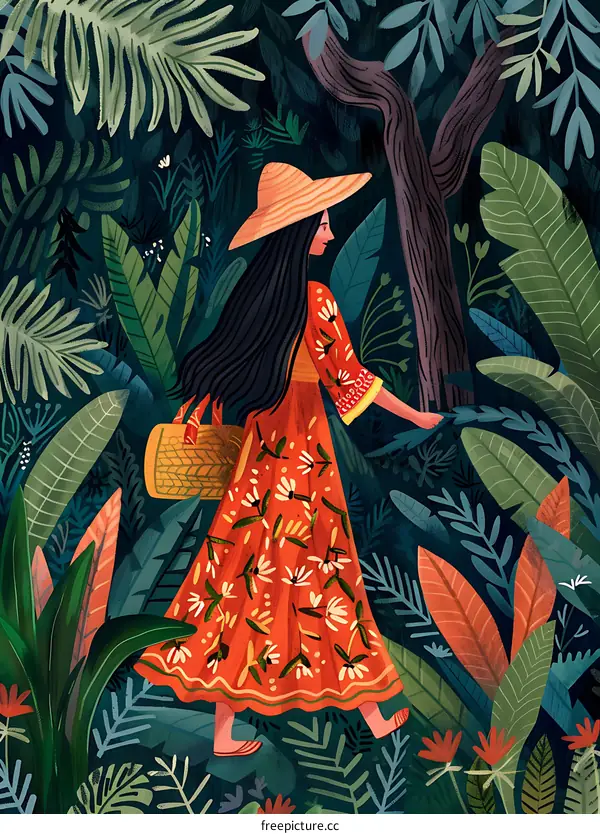 Woman in Red Dress Walking Through a Lush Jungle