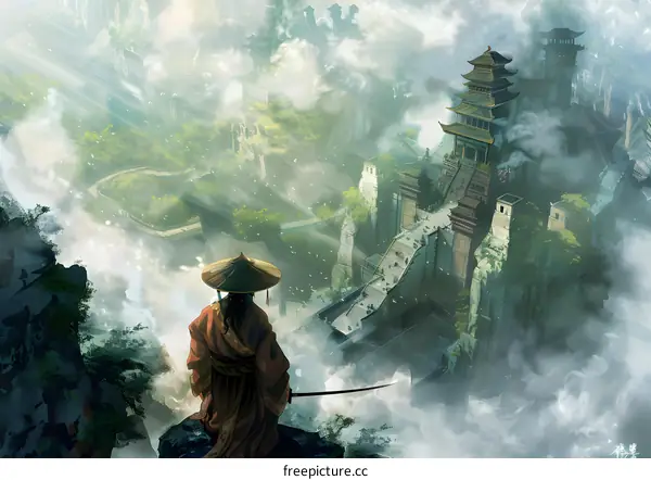 Samurai Standing on a Cliff Looking at a Large Temple in the Clouds