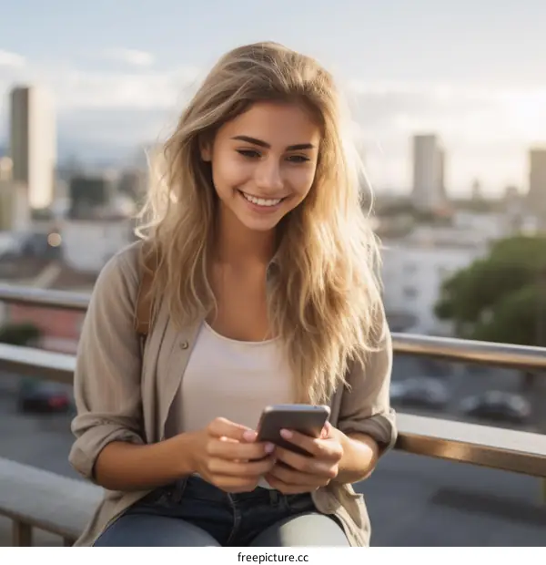 Blonde woman smiling while texting on her phone in the city