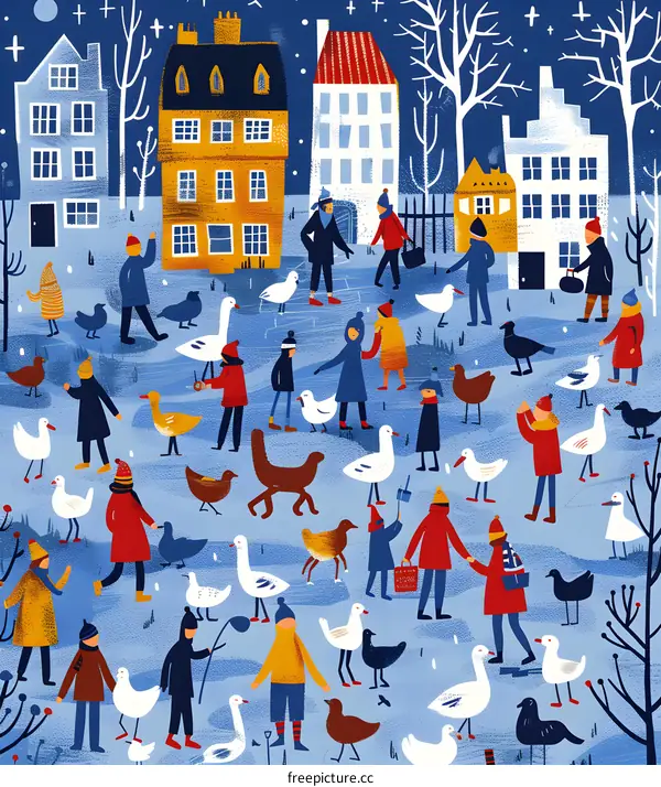 Winter Scene with People and Birds in a Town Square