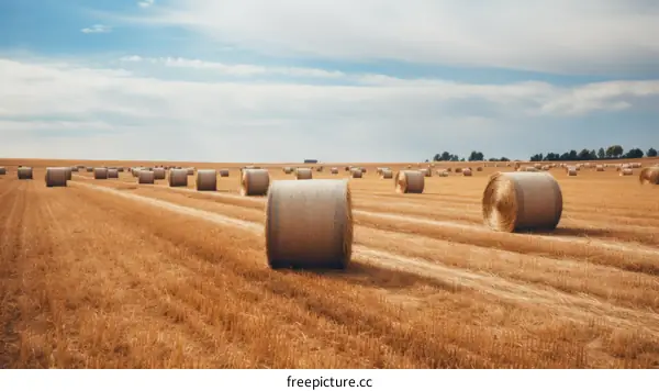 Field of hay rolls under blue sky with clouds