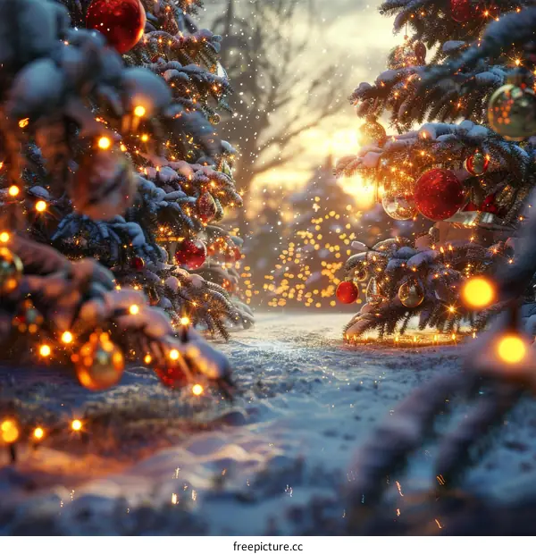 Christmas Lights in Snowy Forest