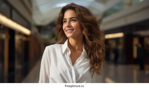 A beautiful young woman with long brown hair wearing a white blouse is smiling.