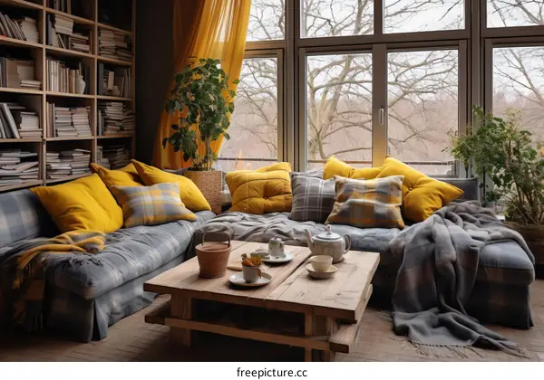 A cozy living room with a large sectional sofa, coffee table, and bookshelves.