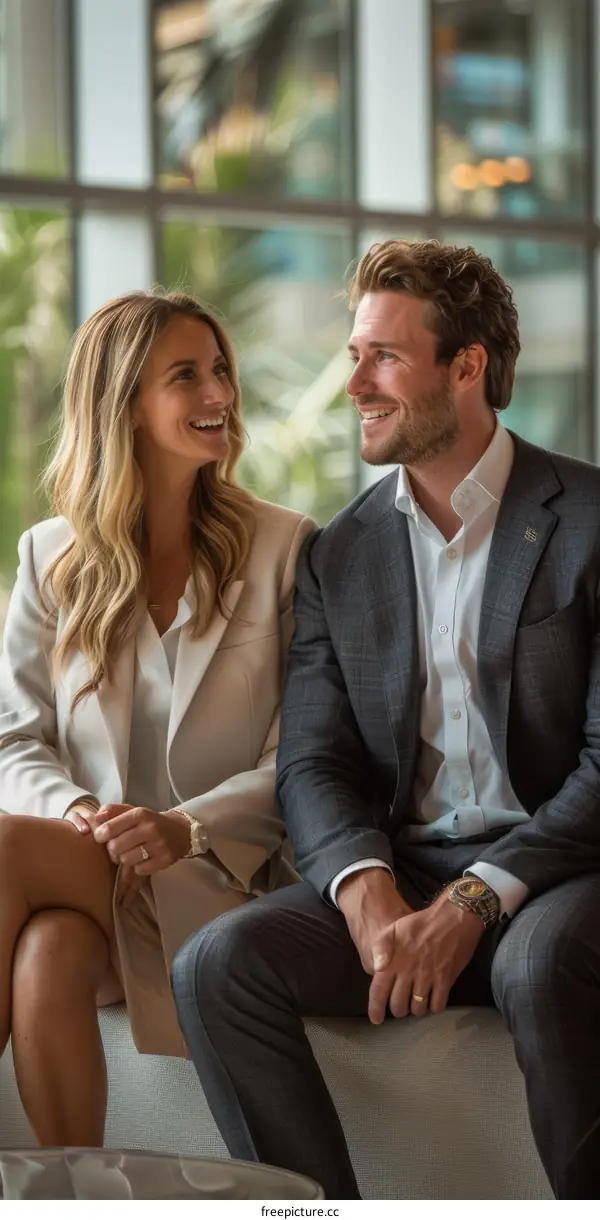 A smiling man and woman sit on a couch and talk