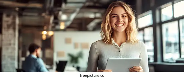Smiling Woman Holding Tablet in Modern Office