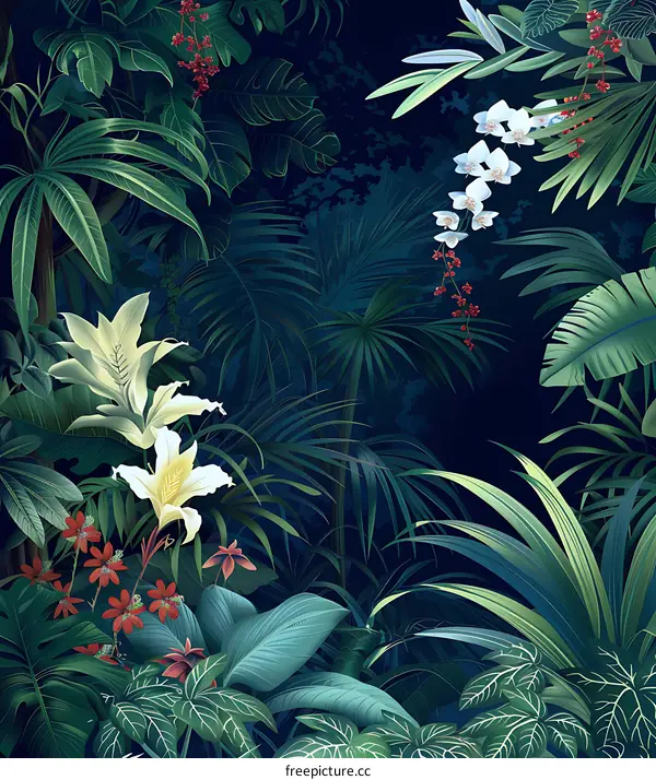 Tropical Rainforest Background With Flowers