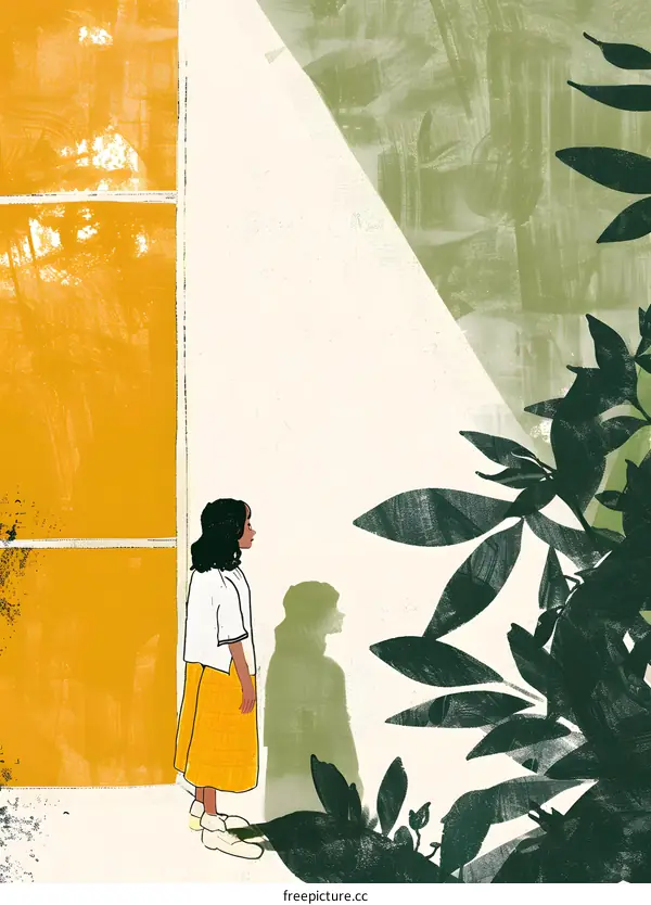 Woman Standing in Front of a Yellow Wall with a Shadow Behind Her