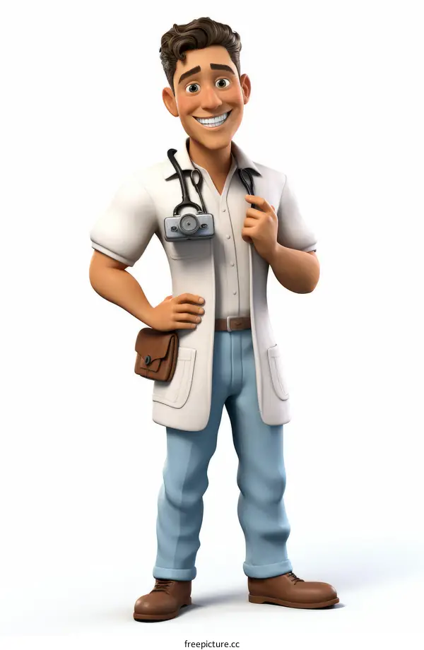 Smiling cartoon doctor with a camera around his neck
