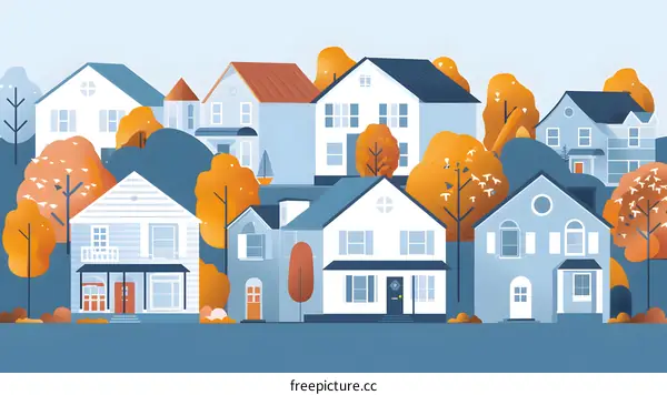 Autumnal Neighborhood Houses Illustration