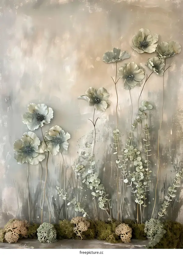 Abstract Floral Art with Green and Beige Tones