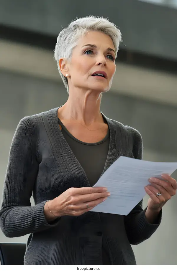 Mature Woman Reading Document During Business Presentation