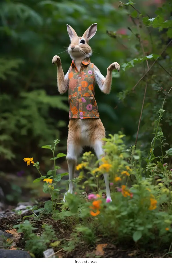 A rabbit wearing a floral vest is standing on its hind legs in a field of flowers