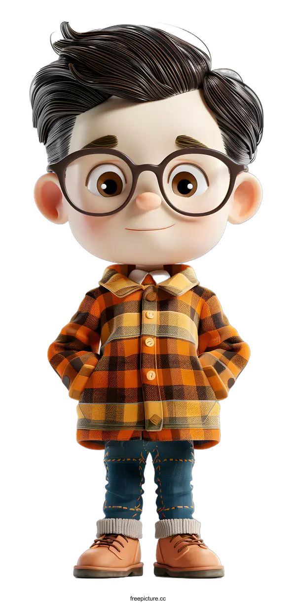[Transparent Background PNG]Cute Cartoon Boy Wearing Glasses and Plaid Shirt