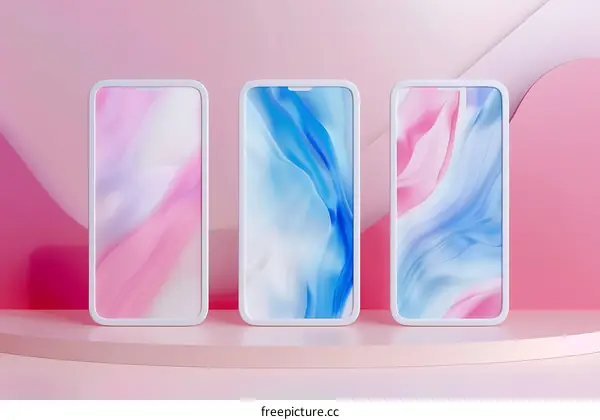 Three Abstract Mobile Phone Screens on Pink Background