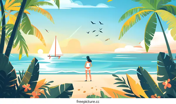 Woman on Tropical Beach with Palm Trees and Sailing Boat