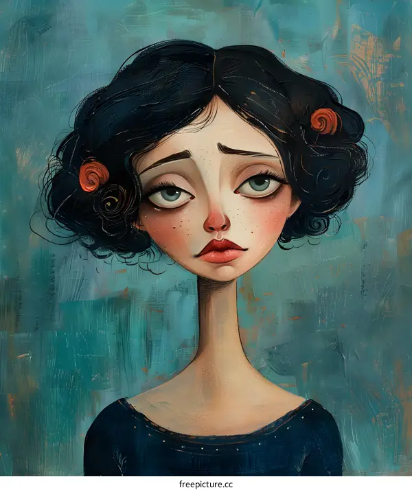 Portrait of a Sad Woman with a Long Neck and Flowers in Her Hair