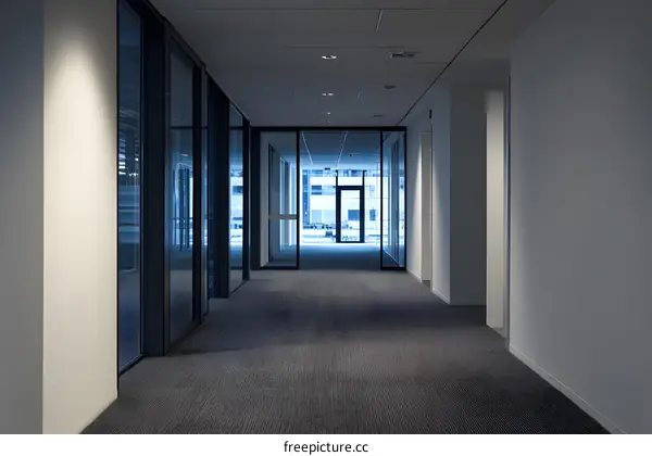Empty Office Hallway with Glass Doors and Grey Carpet