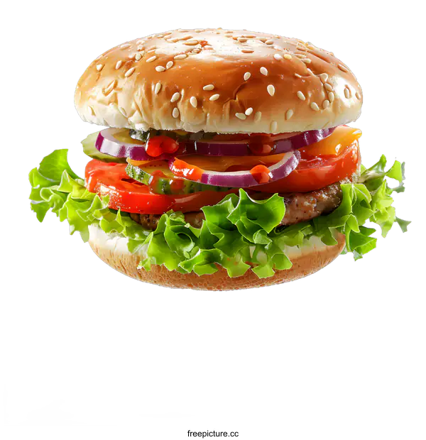 [Transparent Background PNG]Fresh tasty burger with flying ingredients