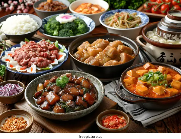 A Variety of Chinese Dishes on a Wooden Table