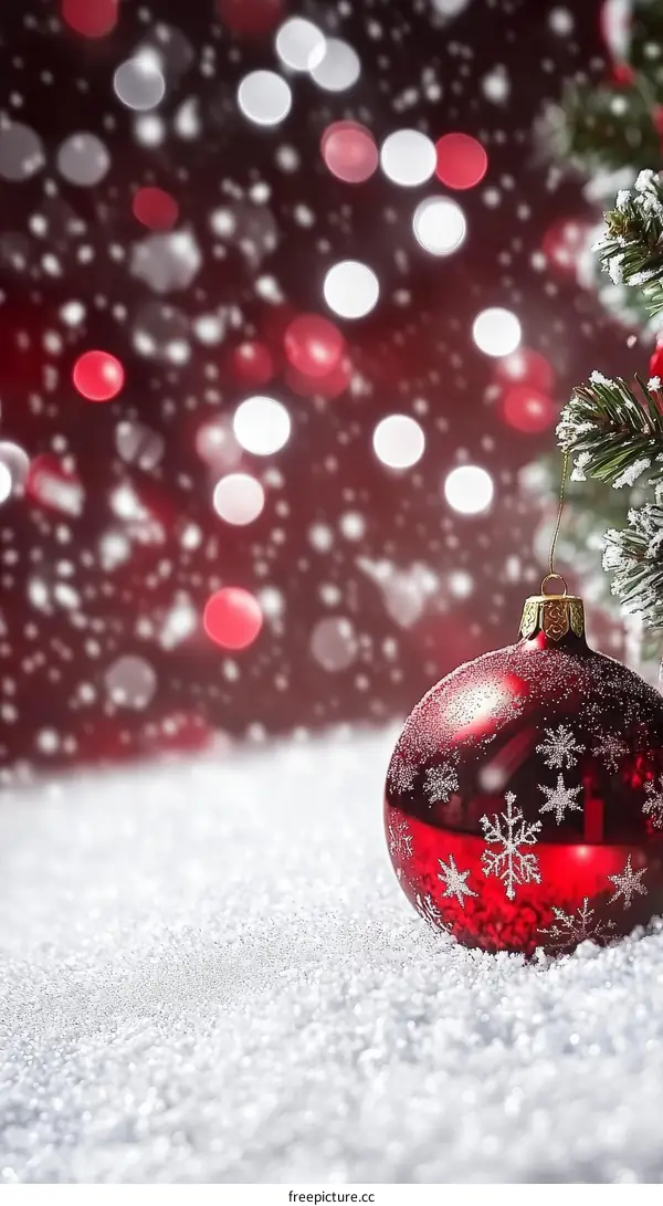 Christmas Ornament in Snow with Blurred Background