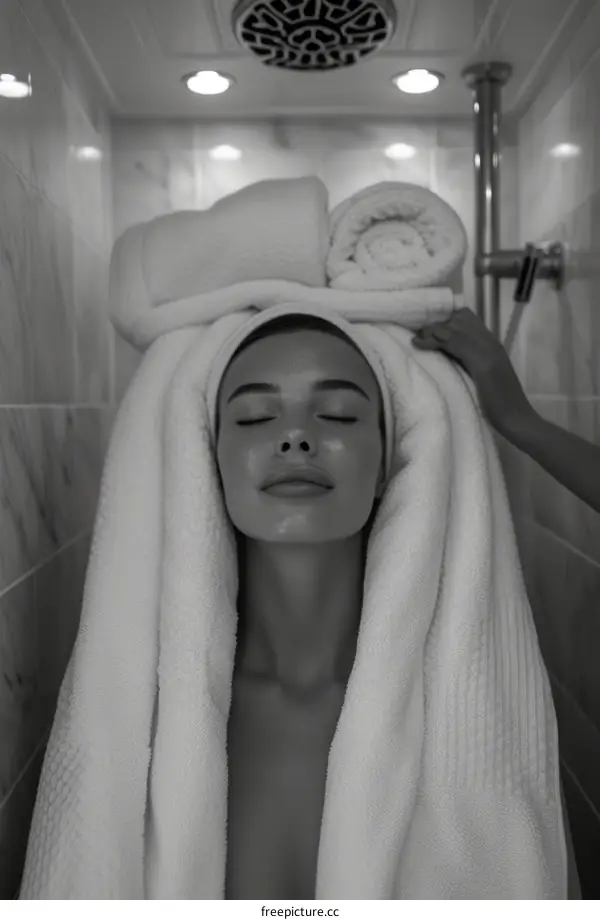 woman in white towel with eyes closed