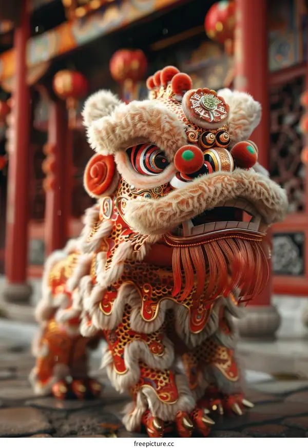 Chinese Lion Dance at a Temple During the Spring Festival