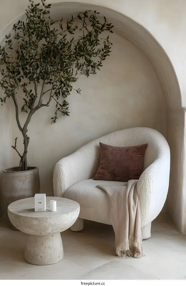 Modern Interior Design with Fluffy Chair and Olive Tree