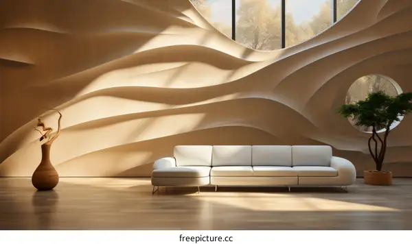 Modern interior design with curved walls and large windows