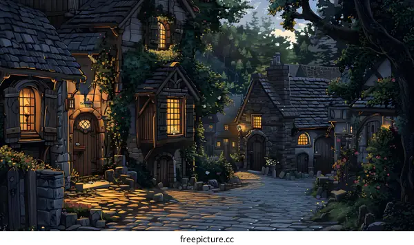 Fantasy Village Illustration with Stone Houses and Cobblestone Street