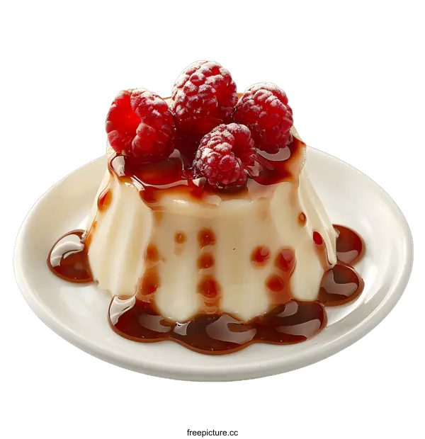 [Transparent Background PNG]Panna cotta with raspberries and chocolate sauce
