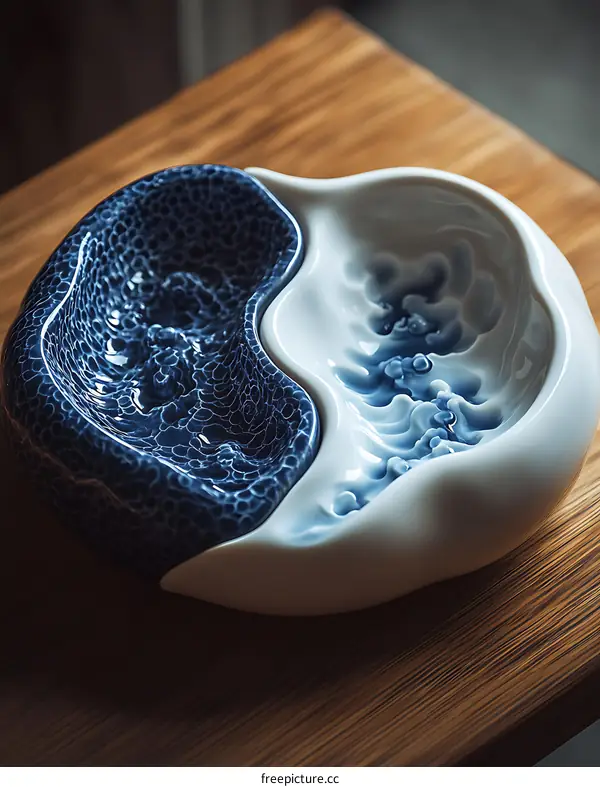 Blue and White Ceramic Yin Yang Dish on Wooden Surface